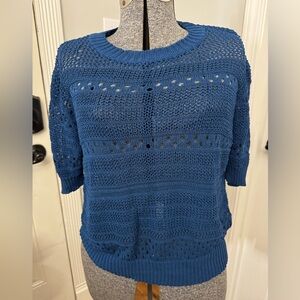 Women’s BIBI Open-Knit Crotchet Short Sleeve Sweater - Blue Large